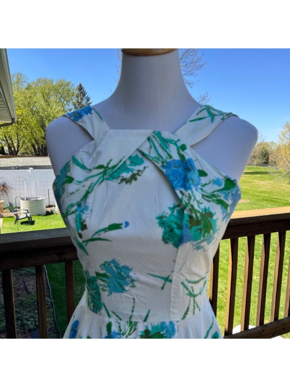 Womens Floral Sundress White & Blue Sleeveless Fit & Flare M (12) Vintage 50s - Picture 12 of 16